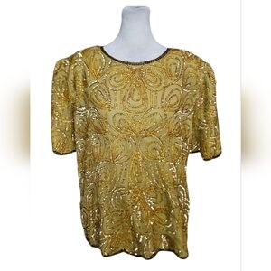 Vintage DENISE ELLE 100% Silk Beaded Embelleshed Short Sleeve Top. Gold. 8. NWT